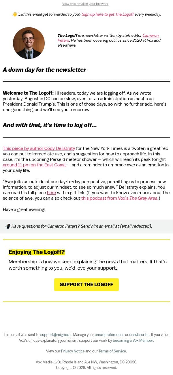 Log off and look at the sky email from Vox screenshot