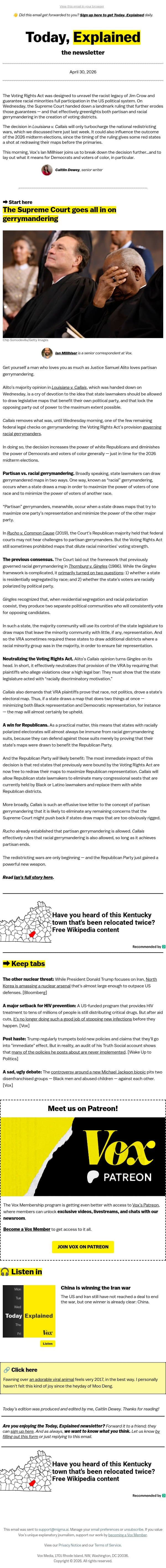 The Voting Rights Act is all but dead email from Vox screenshot
