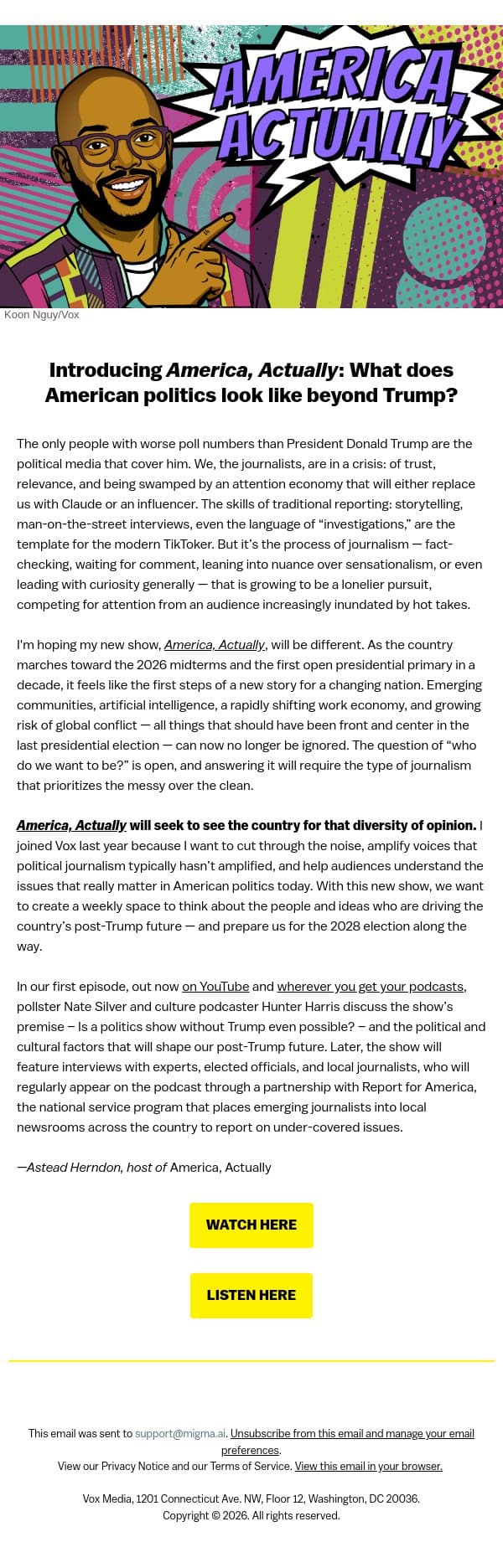 What does American politics look like beyond Trump? email from Vox screenshot