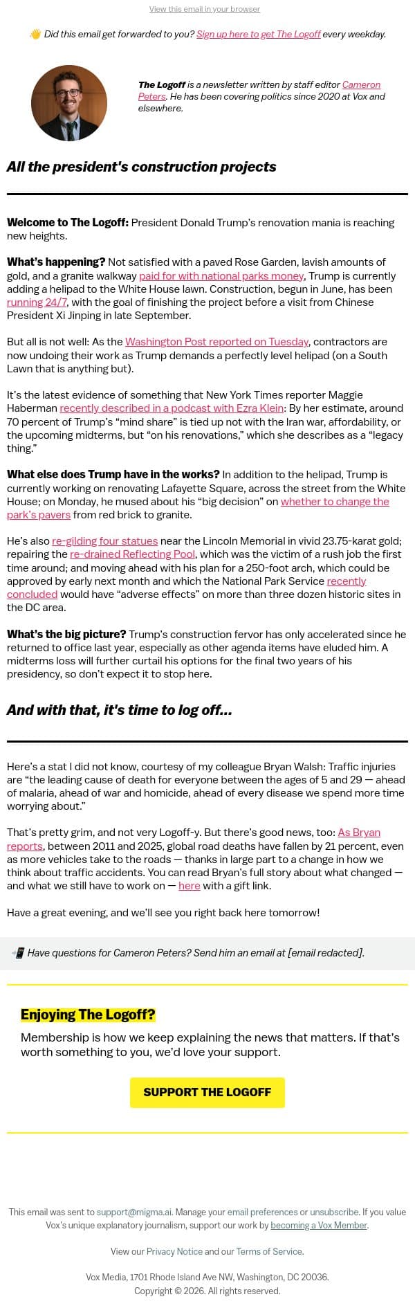 All the president's construction projects email from Vox screenshot