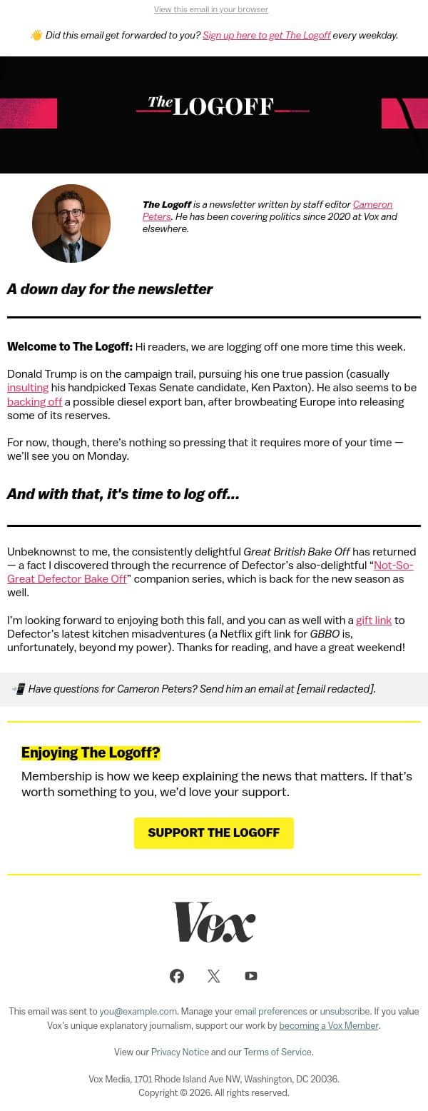 Log off with a baking blog email from Vox screenshot