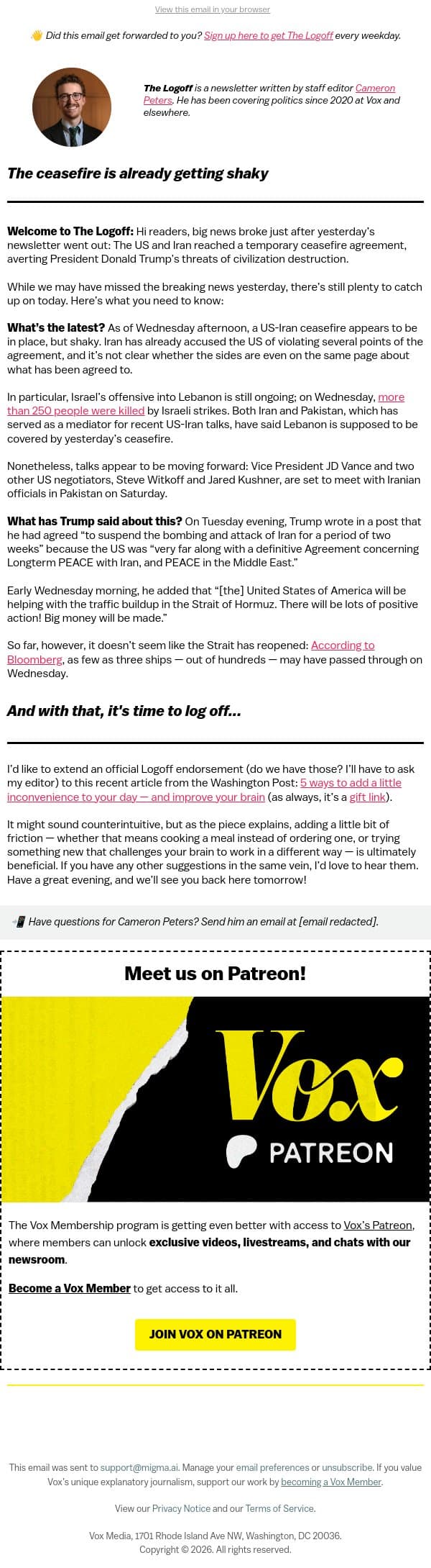 The ceasefire is already getting shaky email from Vox screenshot