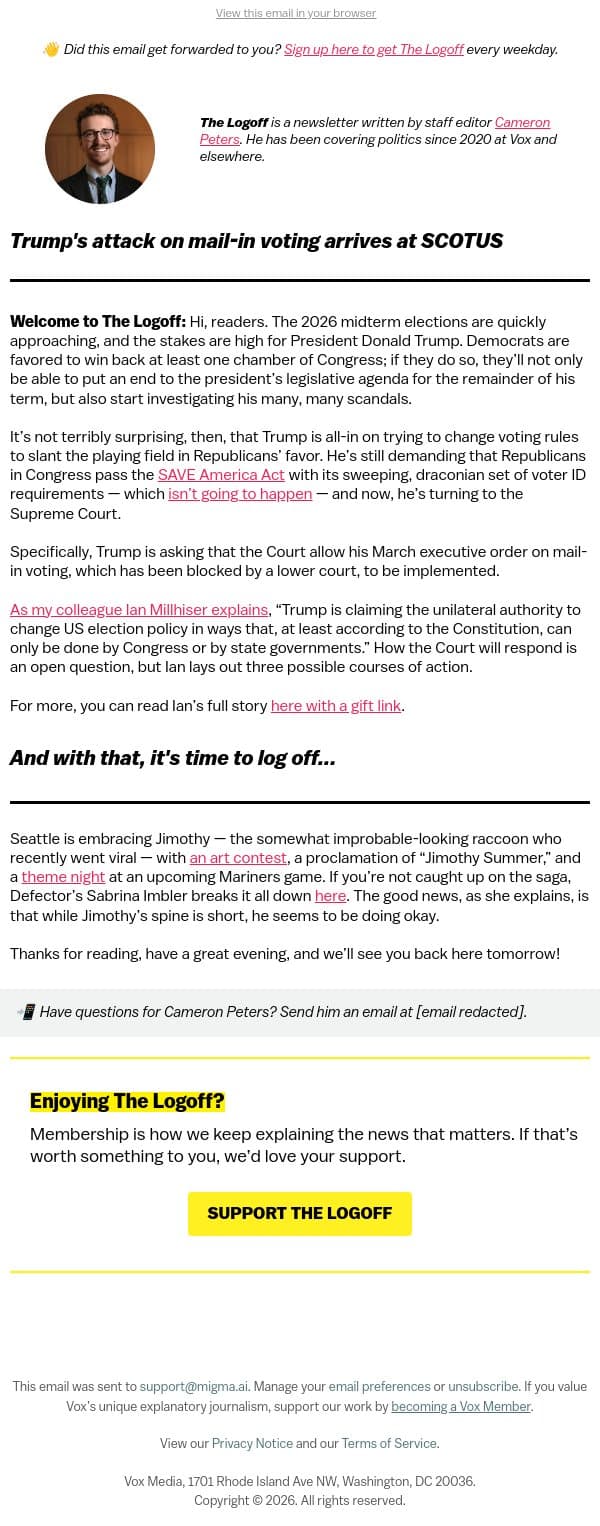 Trump's attack on mail-in voting arrives at SCOTUS email from Vox screenshot