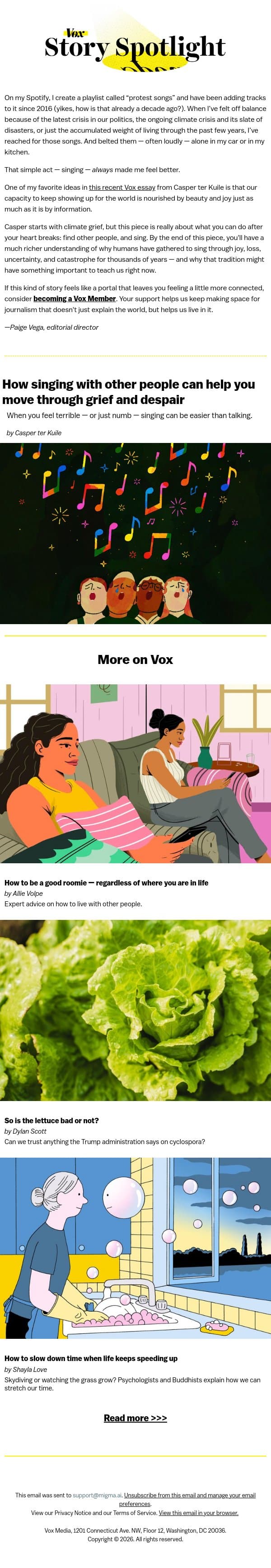 Sing your way through grief email from Vox screenshot
