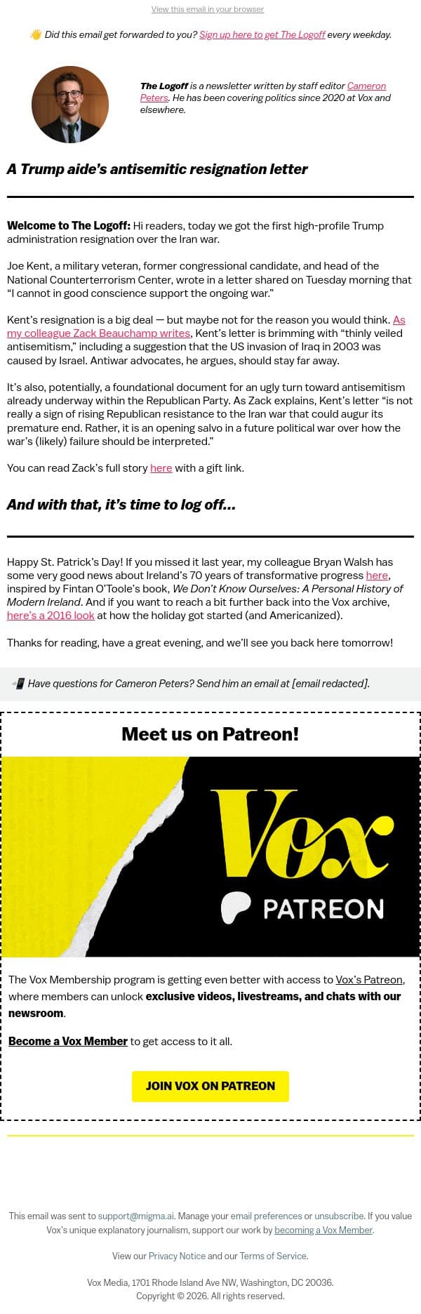 A Trump aide's antisemitic resignation letter email from Vox screenshot