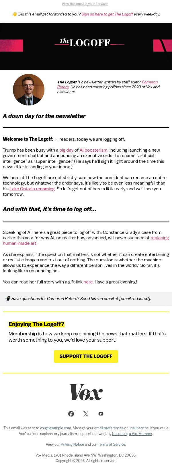 Log off with a defense of human-made art email from Vox screenshot