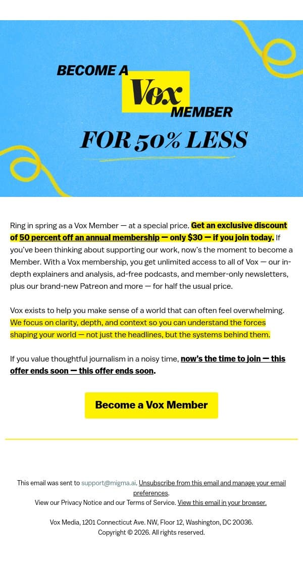 Join today for 50% off email from Vox screenshot