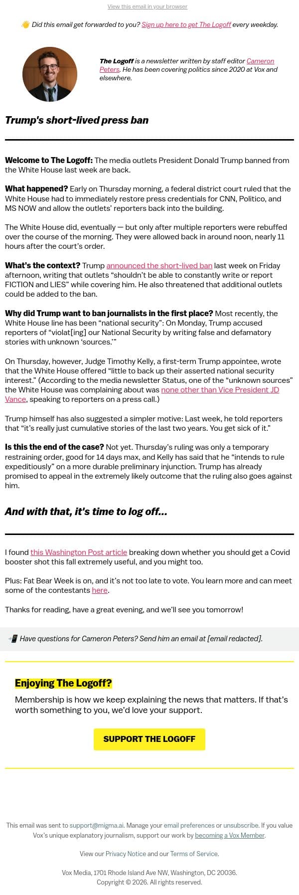 Trump's short-lived press ban email from Vox screenshot