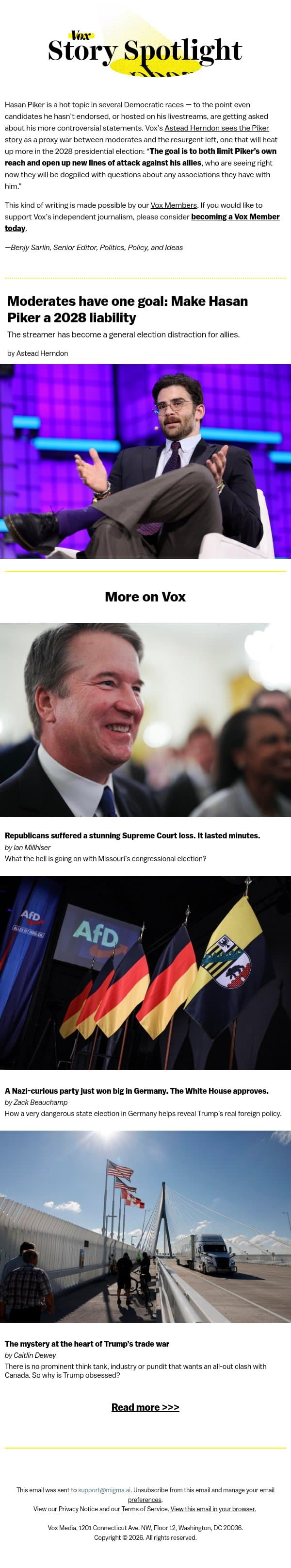 Moderates' quest to make Hasan Piker a 2028 liability email from Vox screenshot