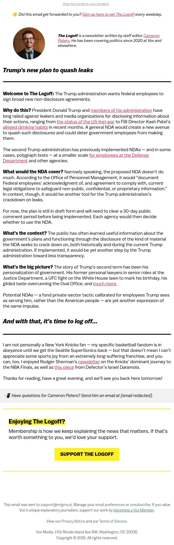 Trump's new plan to quash leaks email from Vox screenshot
