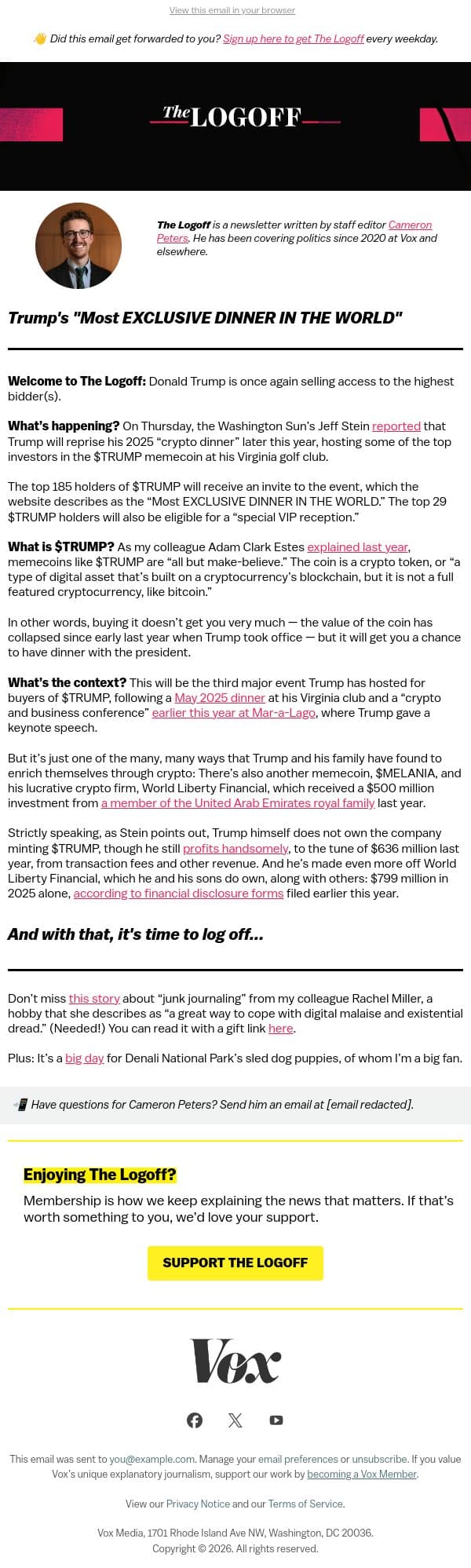 Trump's "Most EXCLUSIVE DINNER IN THE WORLD" email from Vox screenshot