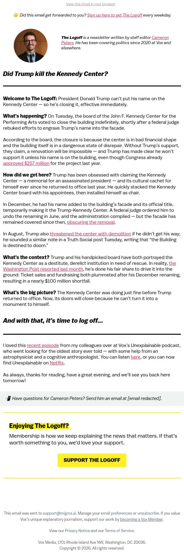 Did Trump kill the Kennedy Center? email from Vox screenshot