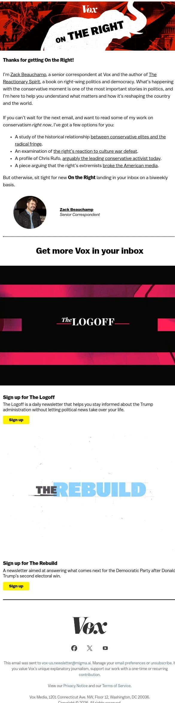 Welcome to the On the Right newsletter email from Vox screenshot