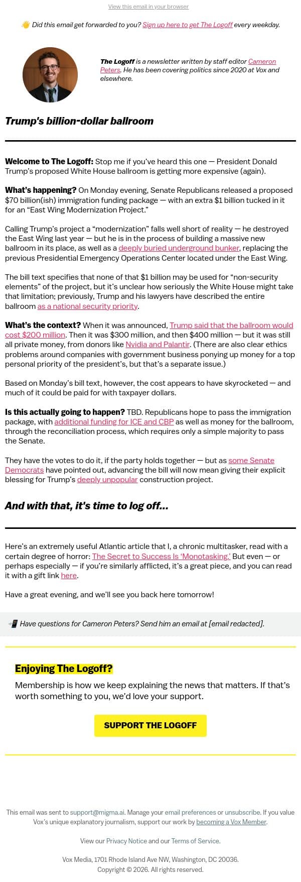 Trump's billion-dollar ballroom email from Vox screenshot