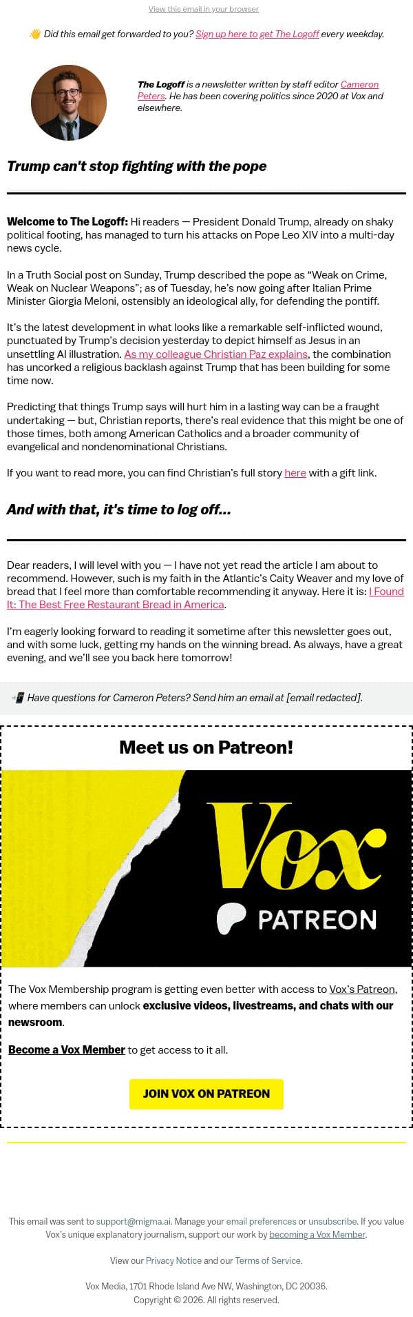 Trump can't stop fighting with the pope email from Vox screenshot