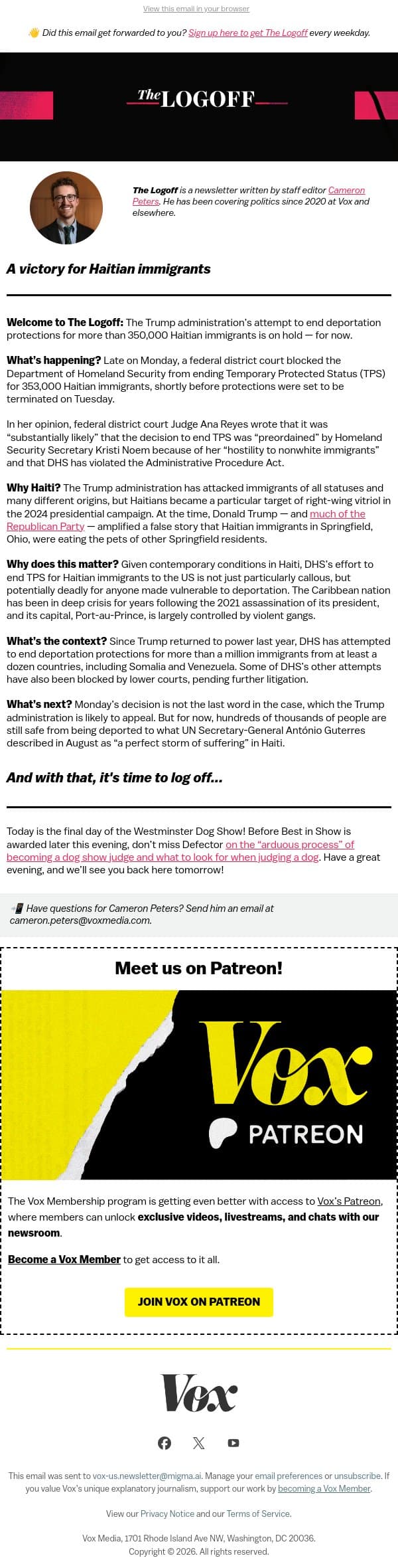 A victory for Haitian immigrants email from Vox screenshot