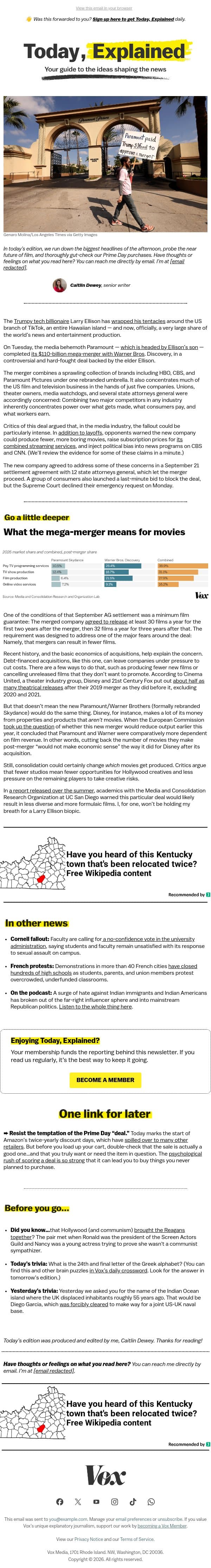 The merger that could make movies more boring email from Vox screenshot