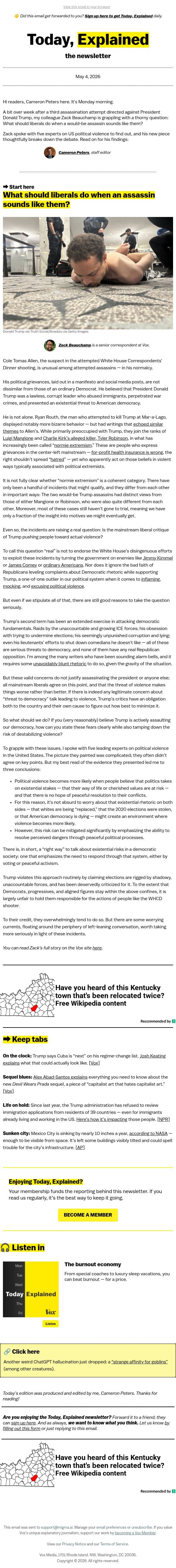 What should liberals do when an assassin sounds like them? email from Vox screenshot