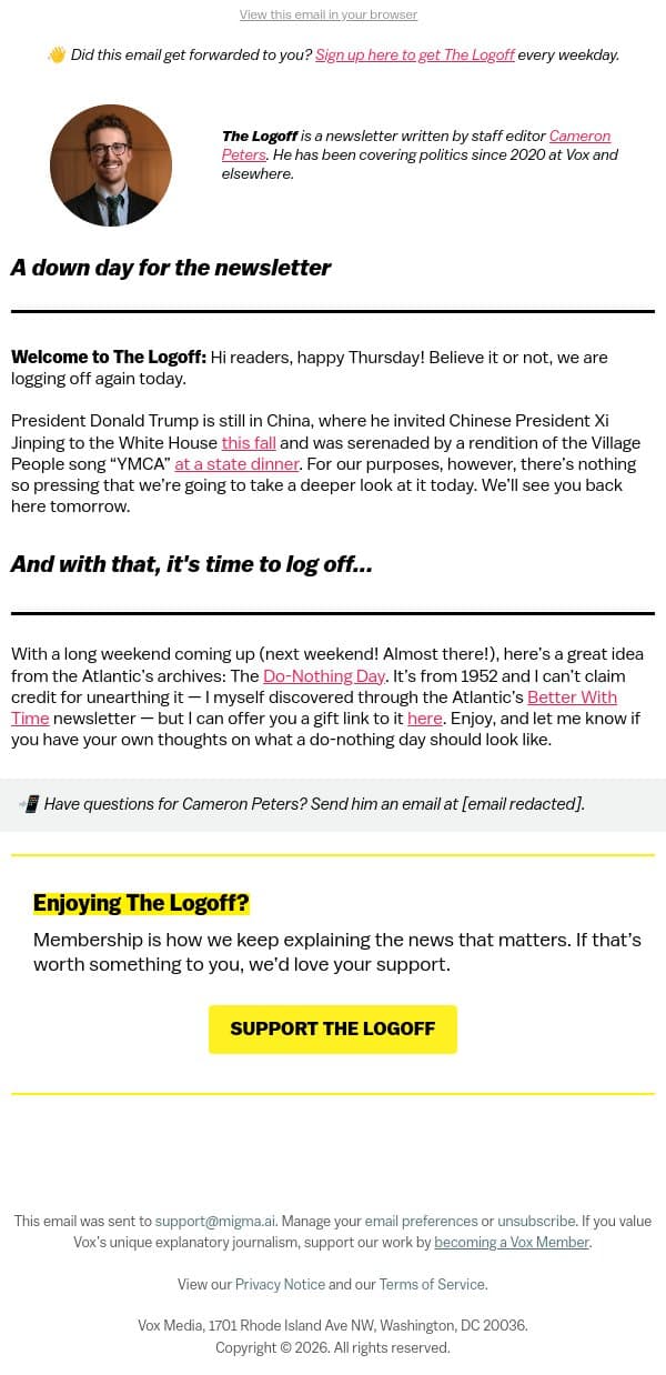 Log off and do nothing email from Vox screenshot
