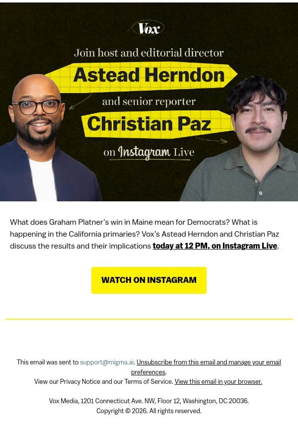 So, what's happening with the primaries? email from Vox screenshot
