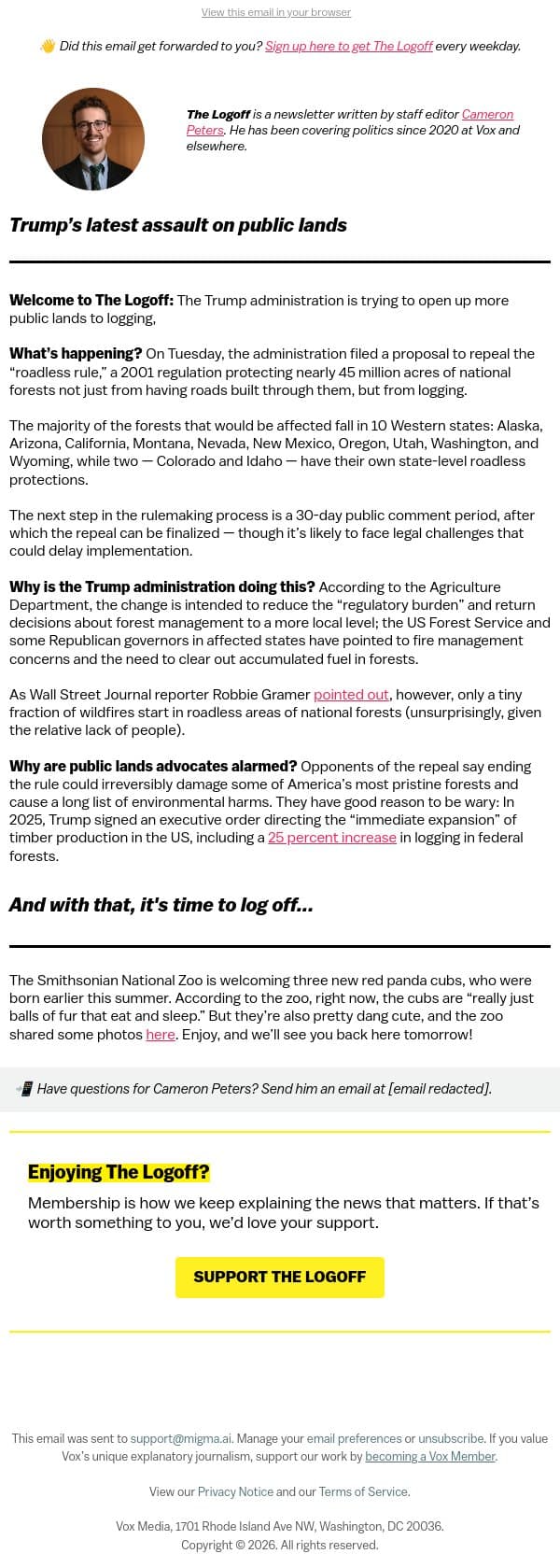Trump’s latest assault on public lands email from Vox screenshot