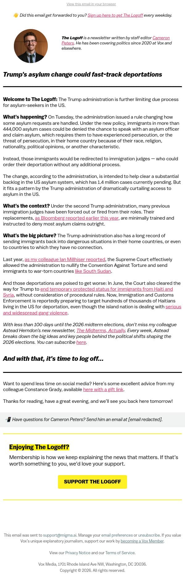 Trump's asylum change could fast-track deportations email from Vox screenshot