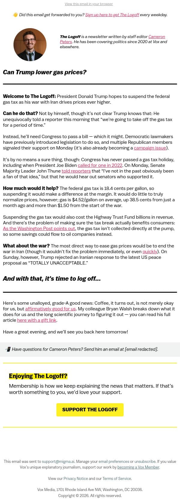 Can Trump lower gas prices? email from Vox screenshot