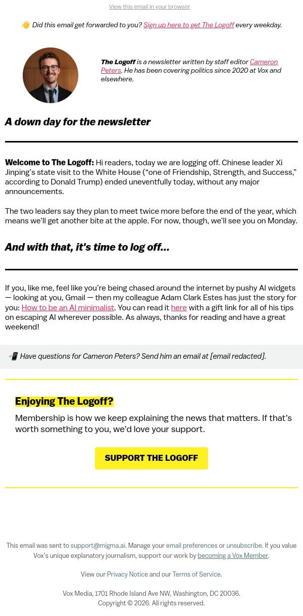 Log off with some tips for "AI minimalism" email from Vox screenshot