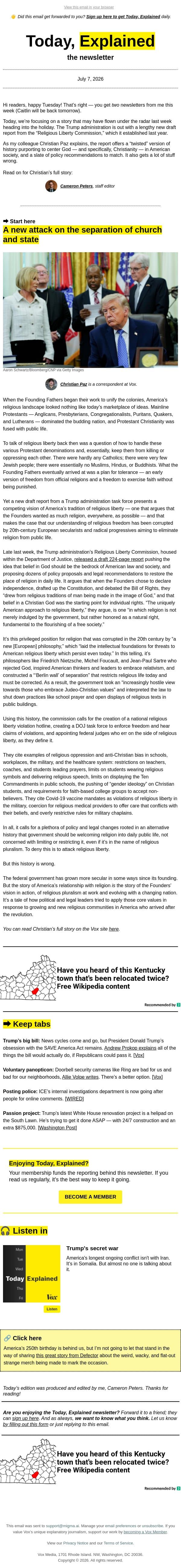 A new attack on the separation of church and state email from Vox screenshot