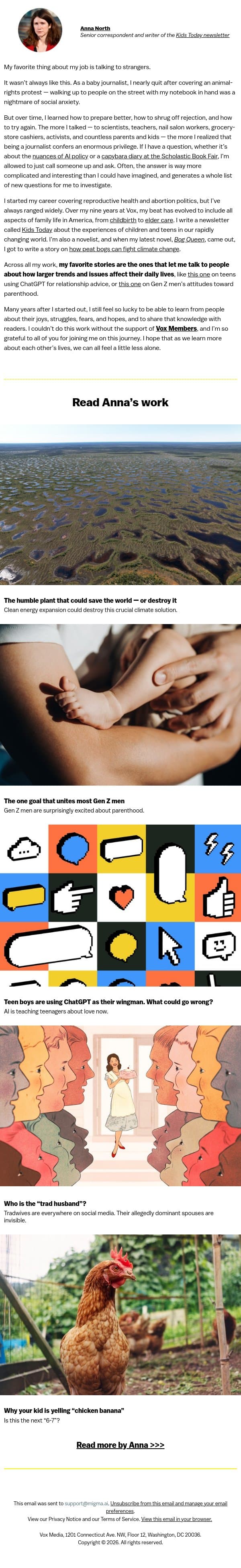 Covering family life in America email from Vox screenshot