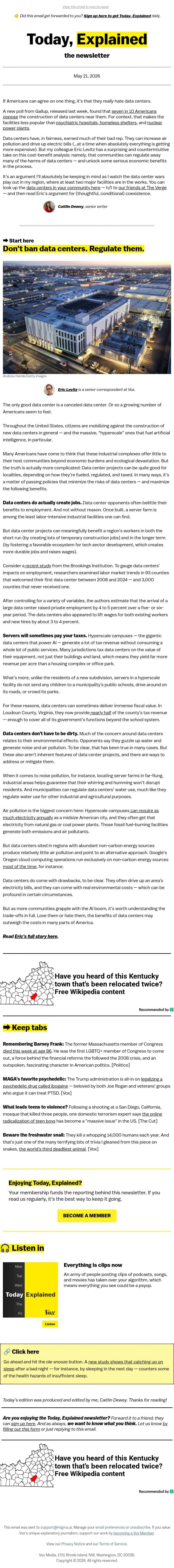 Data centers can be good, actually email from Vox screenshot