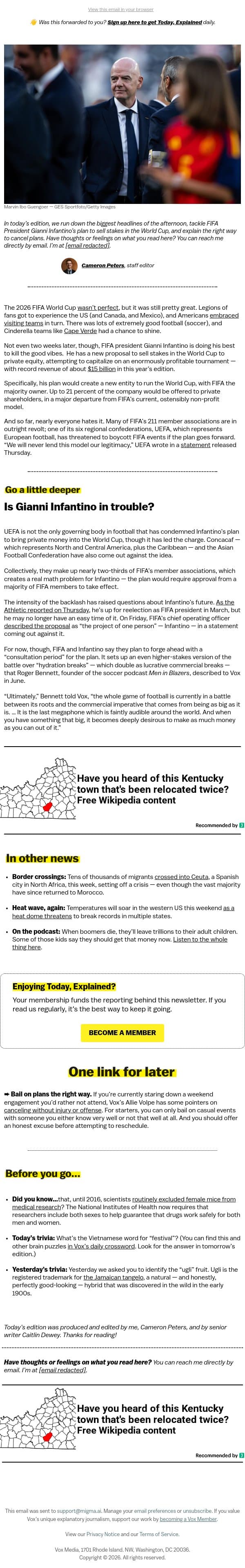 World Cup for sale email from Vox screenshot