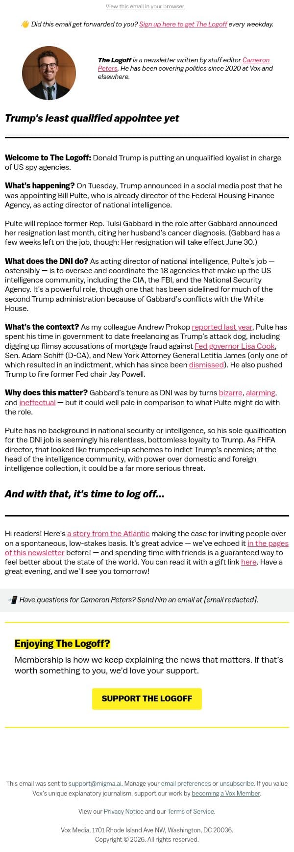 Trump's least qualified appointee yet email from Vox screenshot