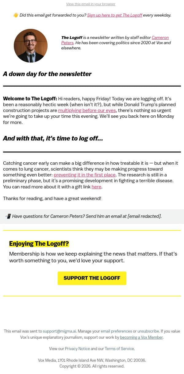 Log off with some good news about cancer email from Vox screenshot