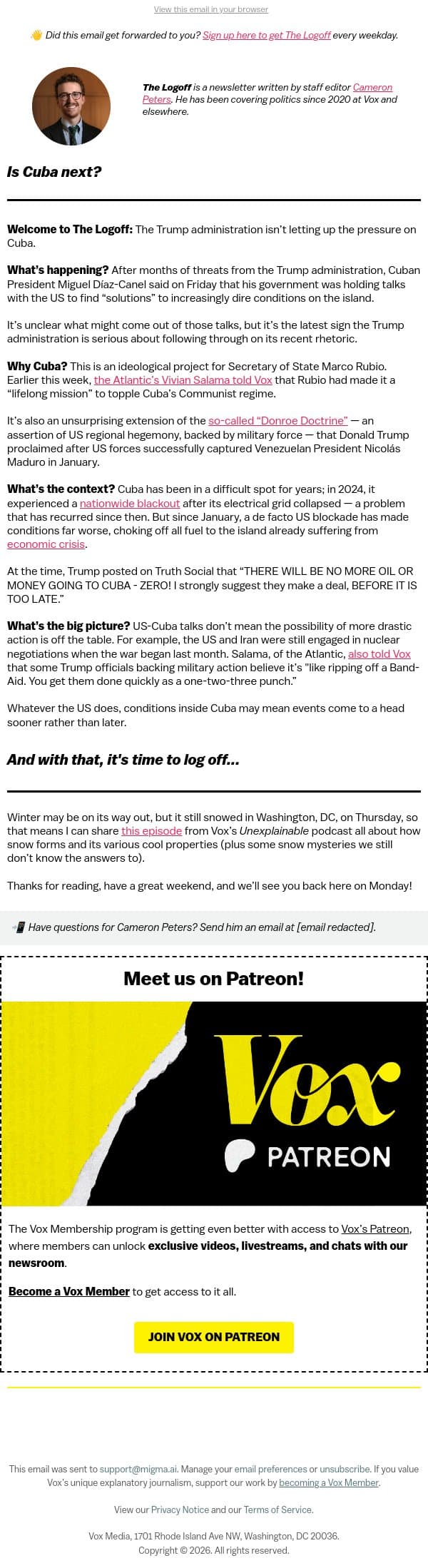 Is Cuba next? email from Vox screenshot