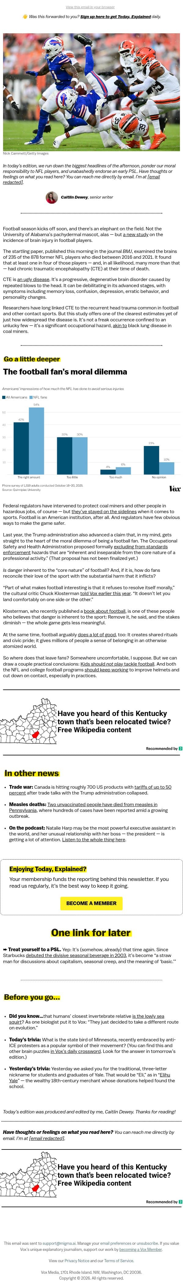 Can you read this and still love football? email from Vox screenshot