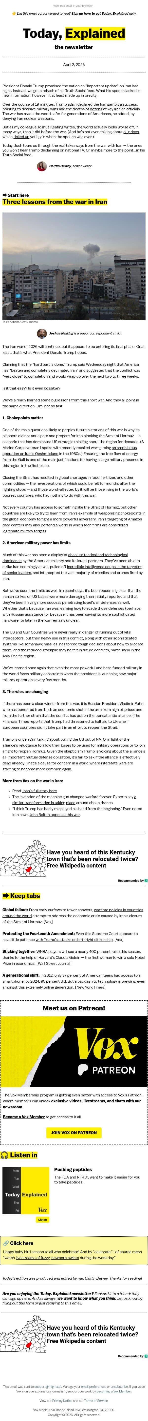 The beginning of the end of the war in Iran? email from Vox screenshot