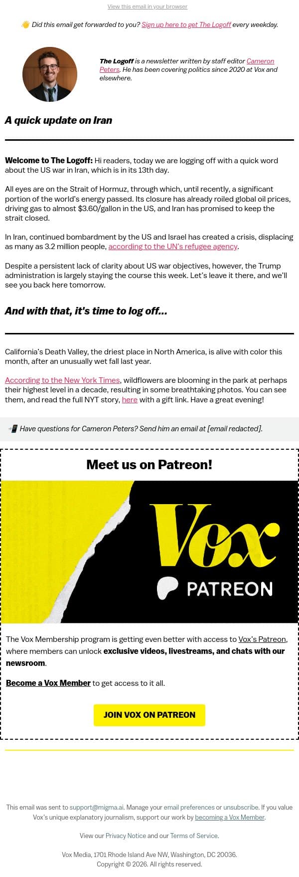 An Iran update before you log off email from Vox screenshot