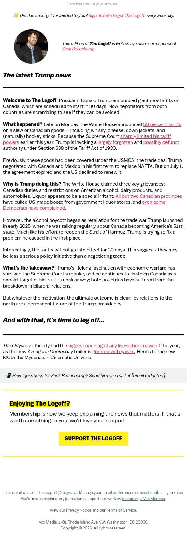 Trump goes to (trade) war with Canada email from Vox screenshot