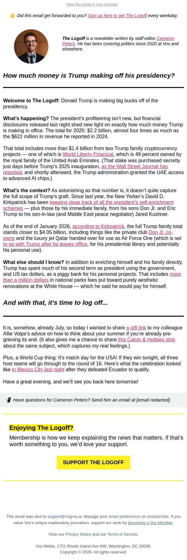 How much money is Trump making off his presidency? email from Vox screenshot