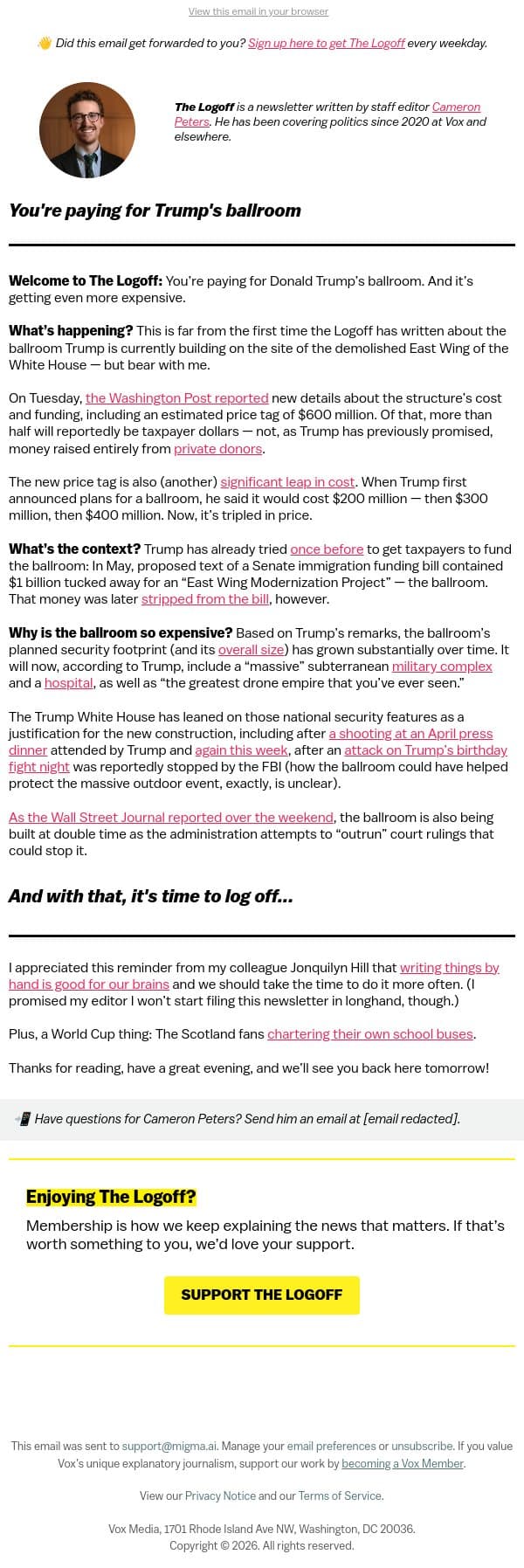 You're paying for Trump's ballroom email from Vox screenshot