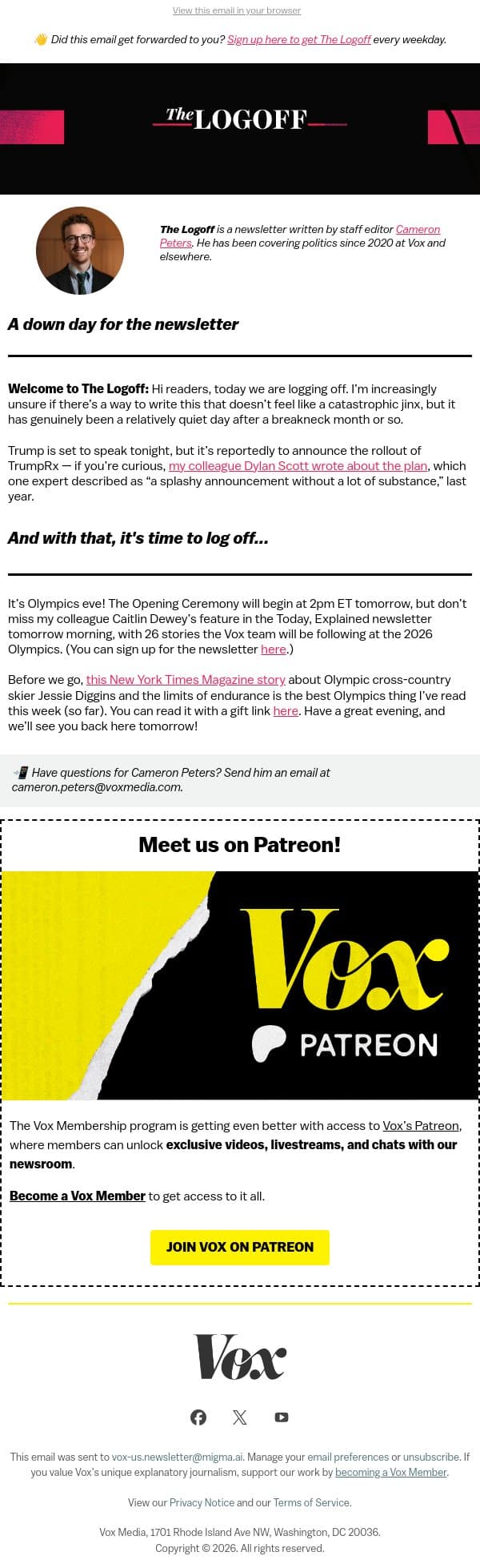 Log off and get ready for the Olympics email from Vox screenshot