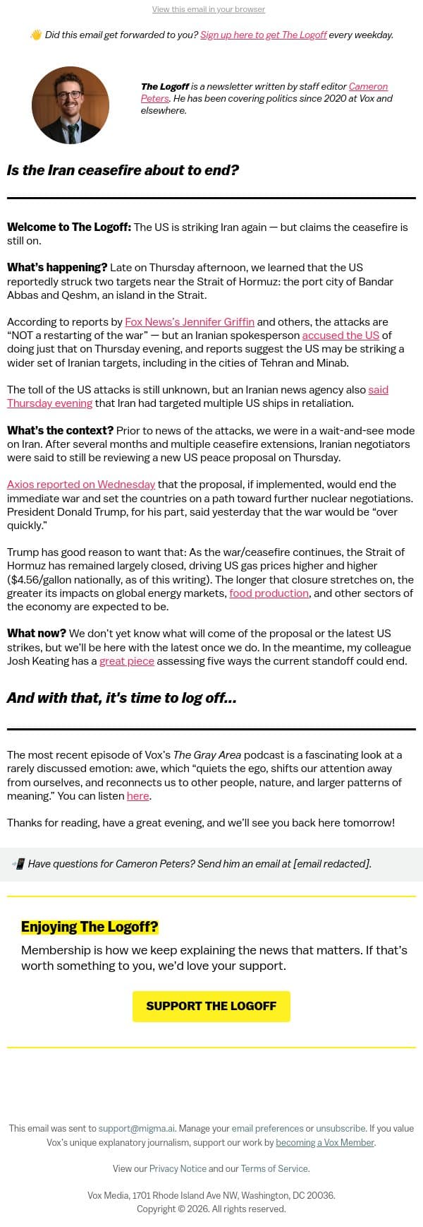 Is the Iran ceasefire about to end? email from Vox screenshot