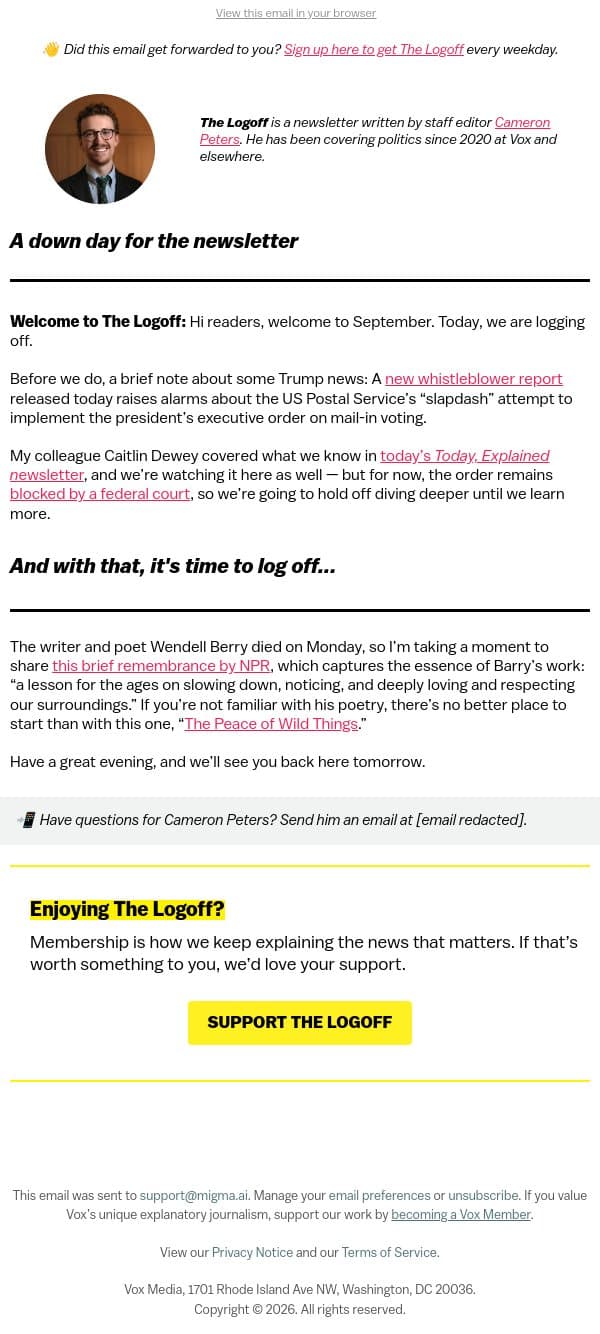 Log off with a poem by Wendell Berry email from Vox screenshot