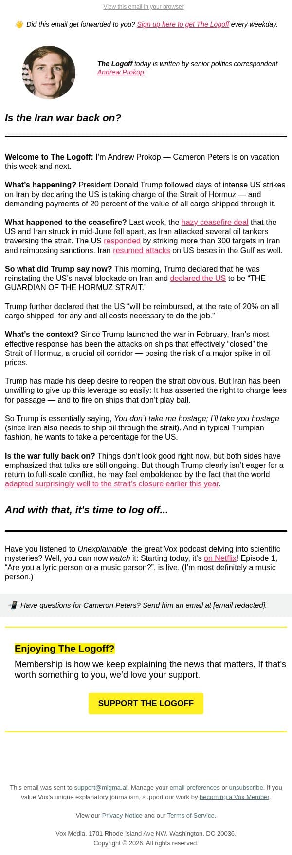 Is the Iran war back on for real? email from Vox screenshot