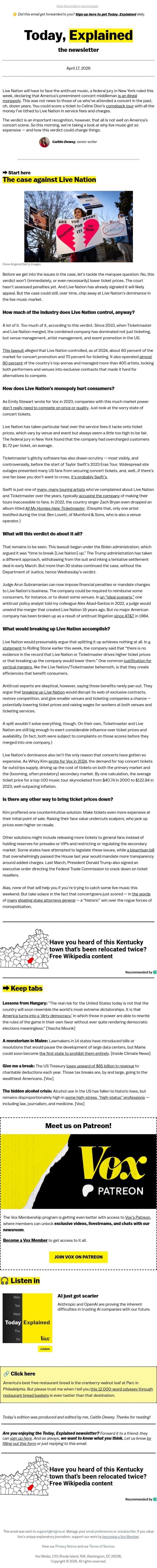 What the Live Nation verdict means for concert tickets email from Vox screenshot