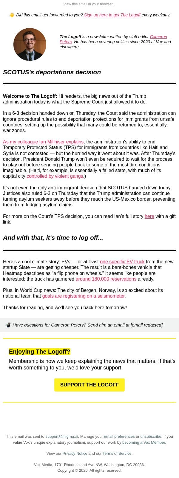 SCOTUS's deportations decision email from Vox screenshot