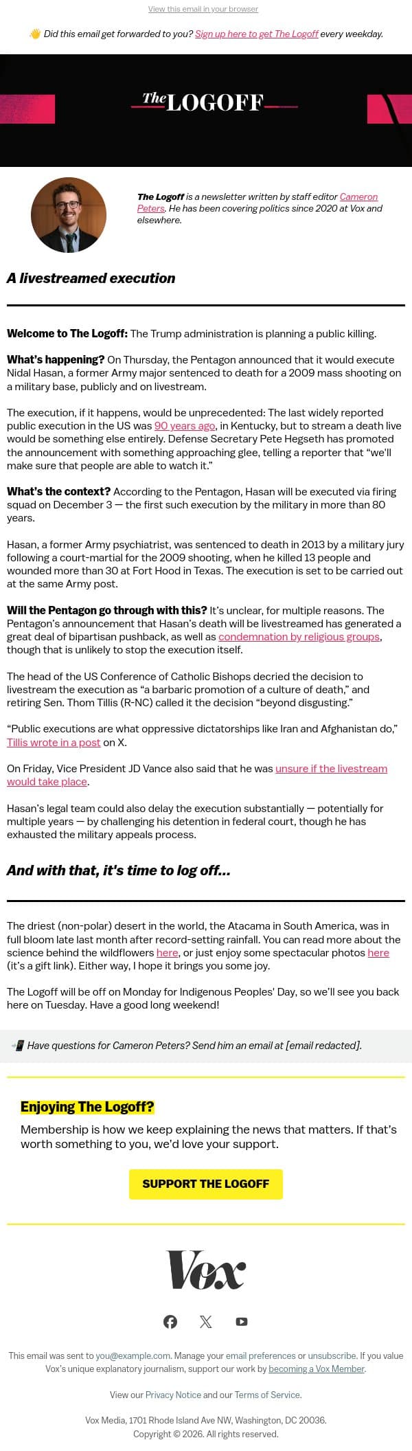 The Trump administration plans a public killing email from Vox screenshot