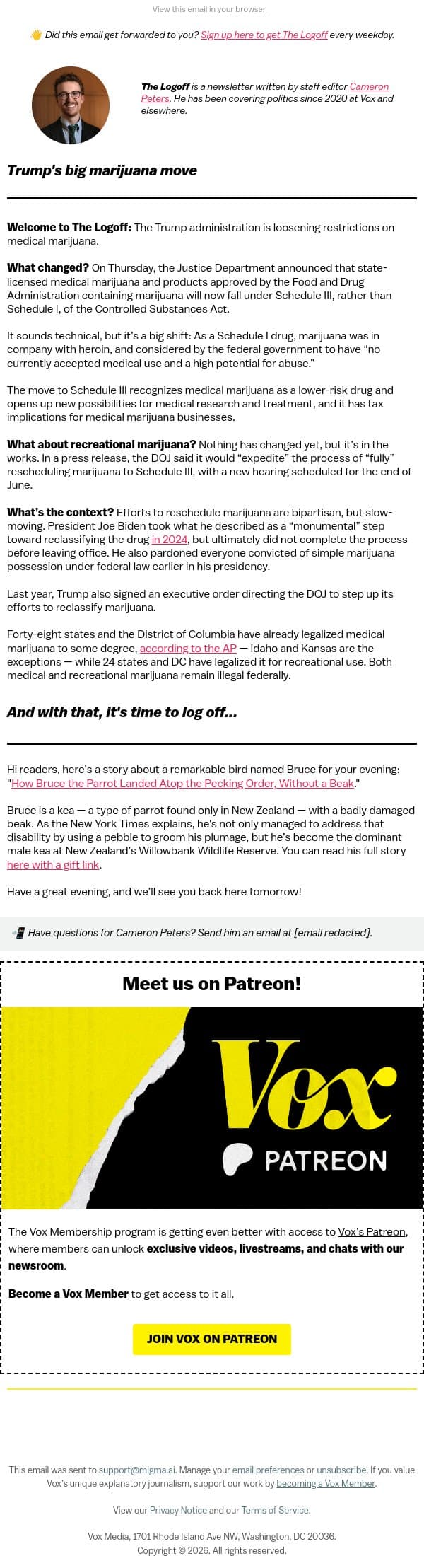 Trump's big marijuana move email from Vox screenshot