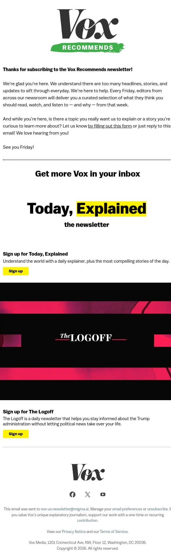 Welcome to the Vox Recommends newsletter! email from Vox screenshot